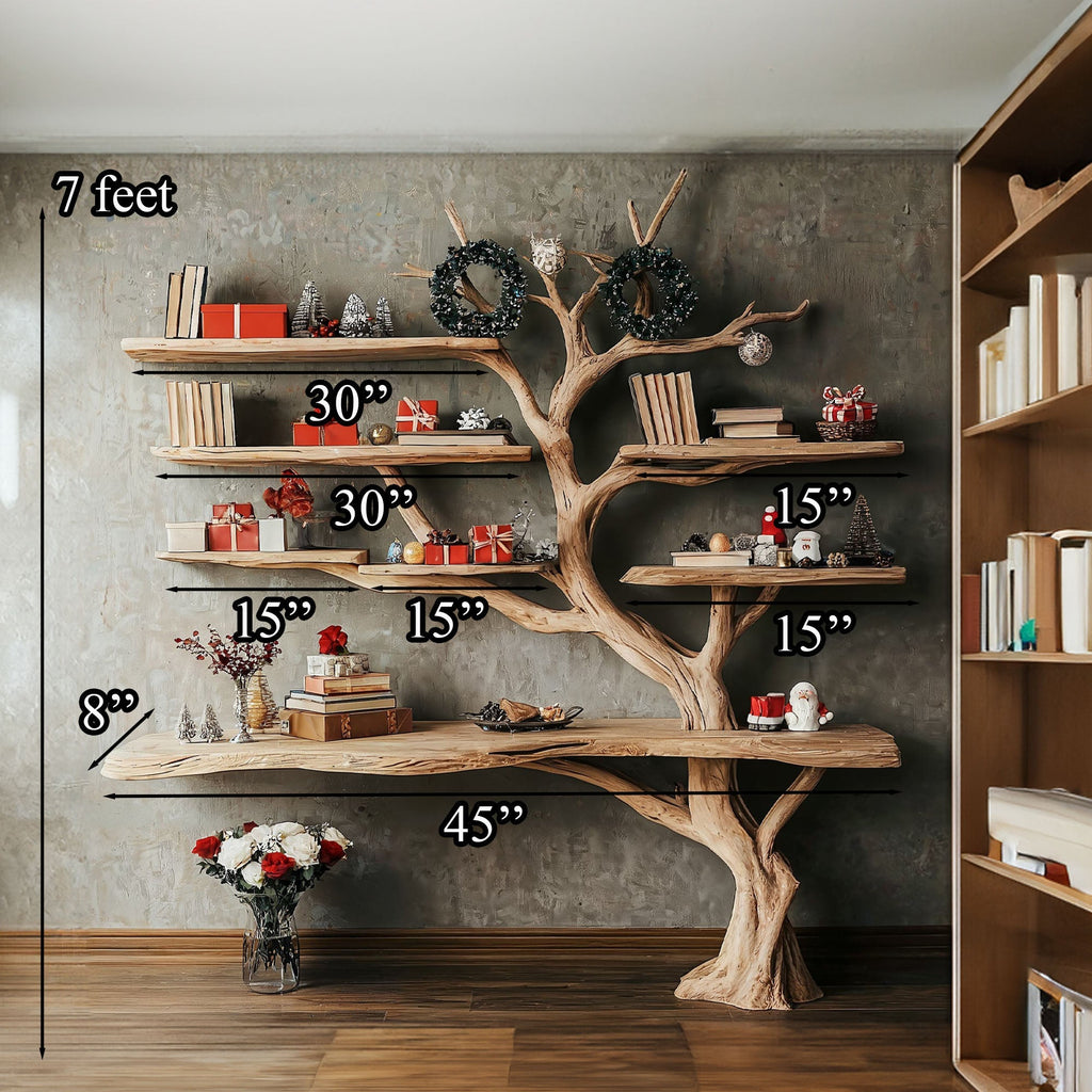 Tall Tree Branch Wall Bookshelf with Driftwood Look, 84 Inch
