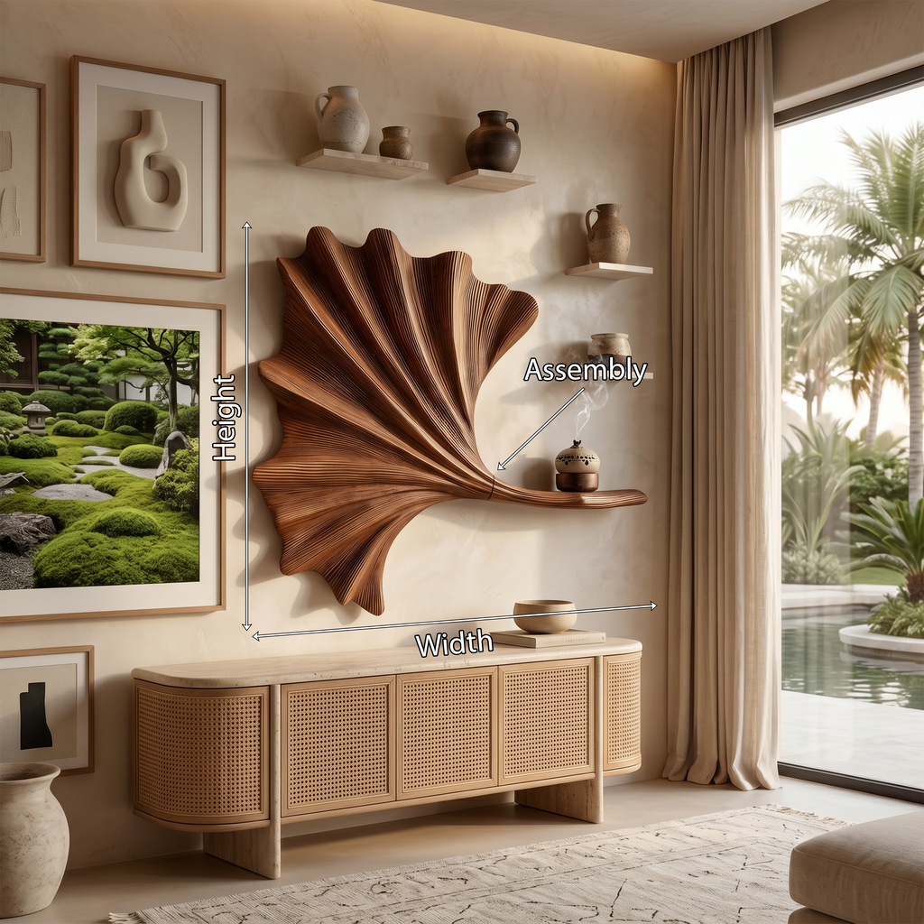 Ginkgo Leaf Shaped Sculptural Wood Wall Shelf For Display
