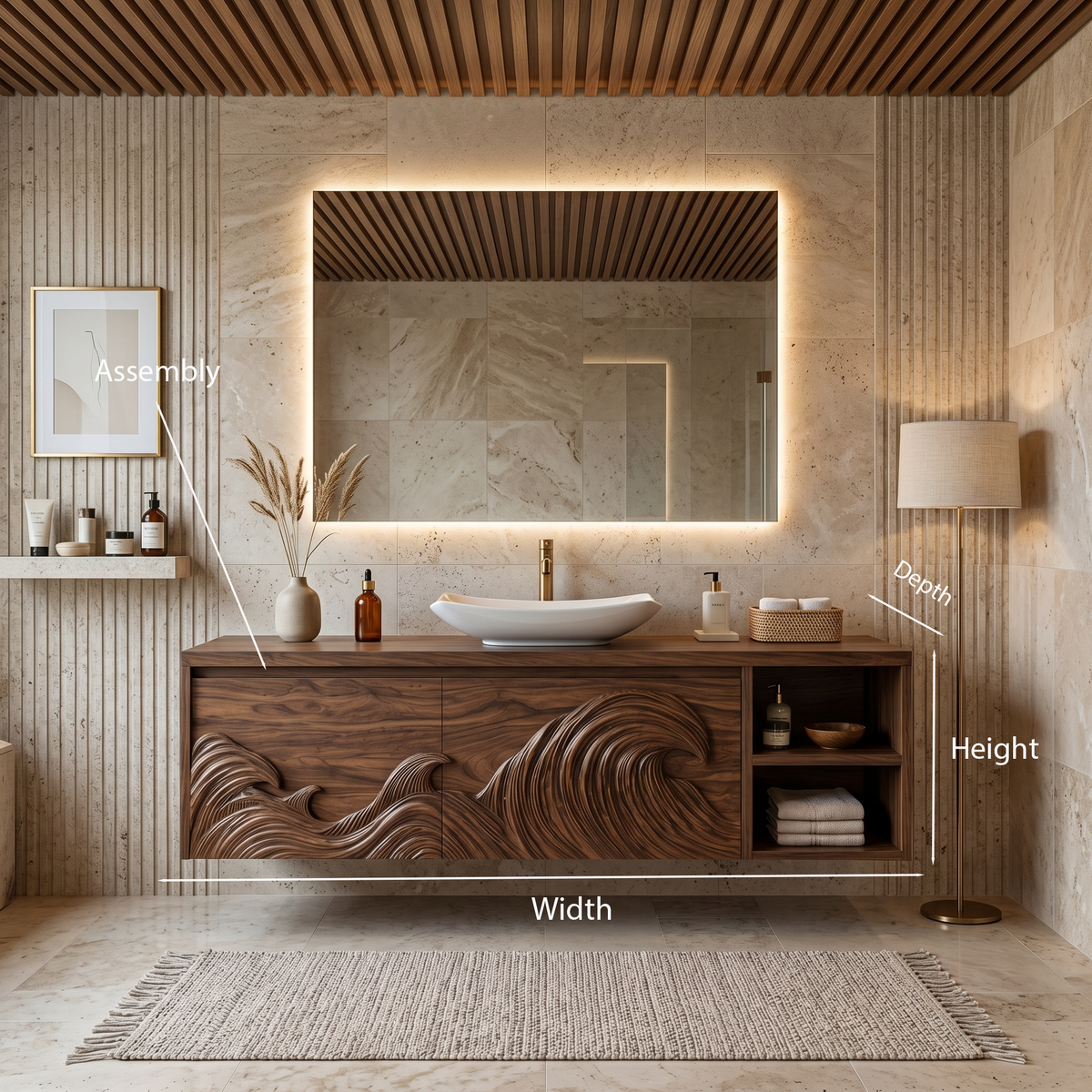 Contemporary Floating Bathroom Vanity With Raised Wave Pattern For