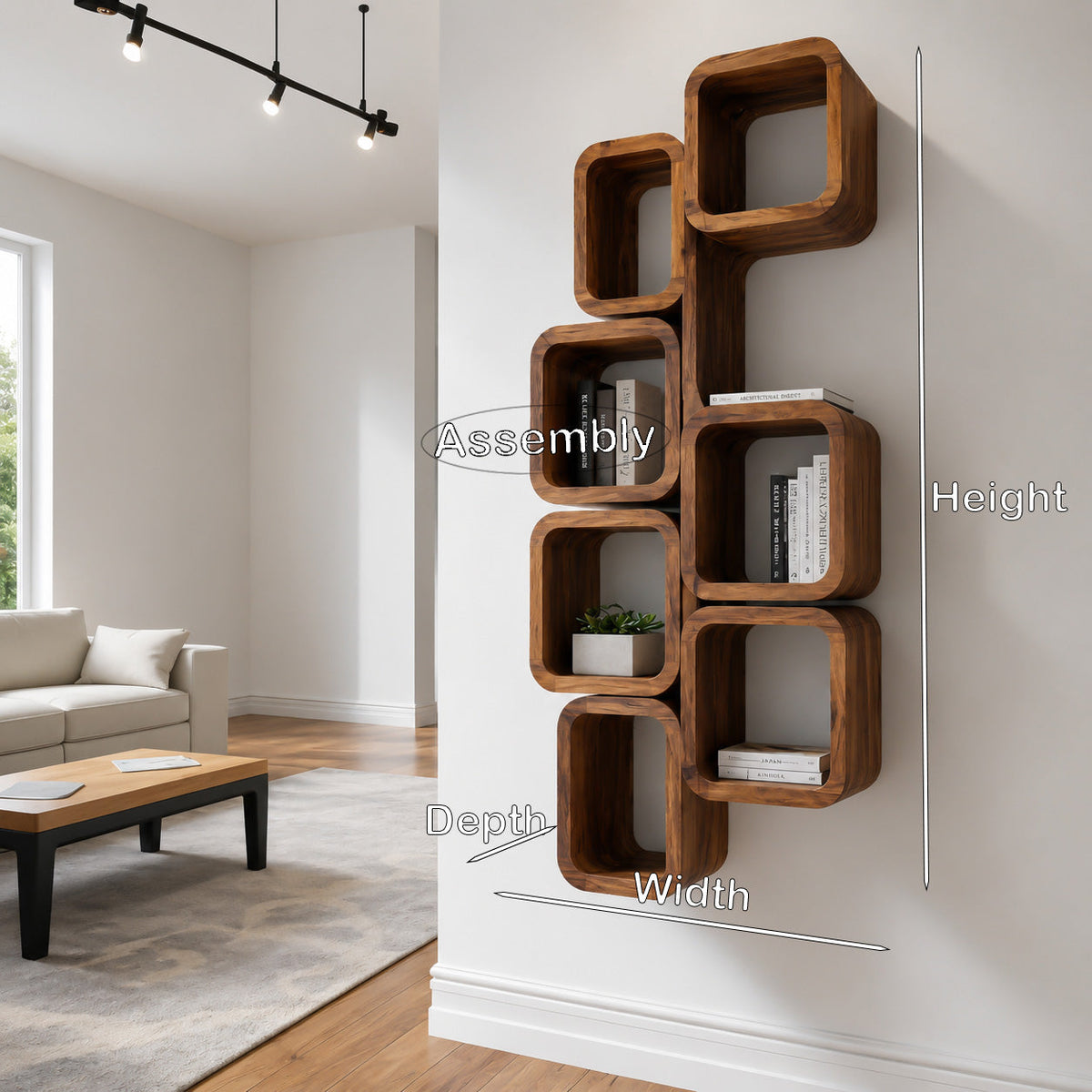 Geometric Interlocking Square Wall Shelf Unit in Wood, 55-79 in