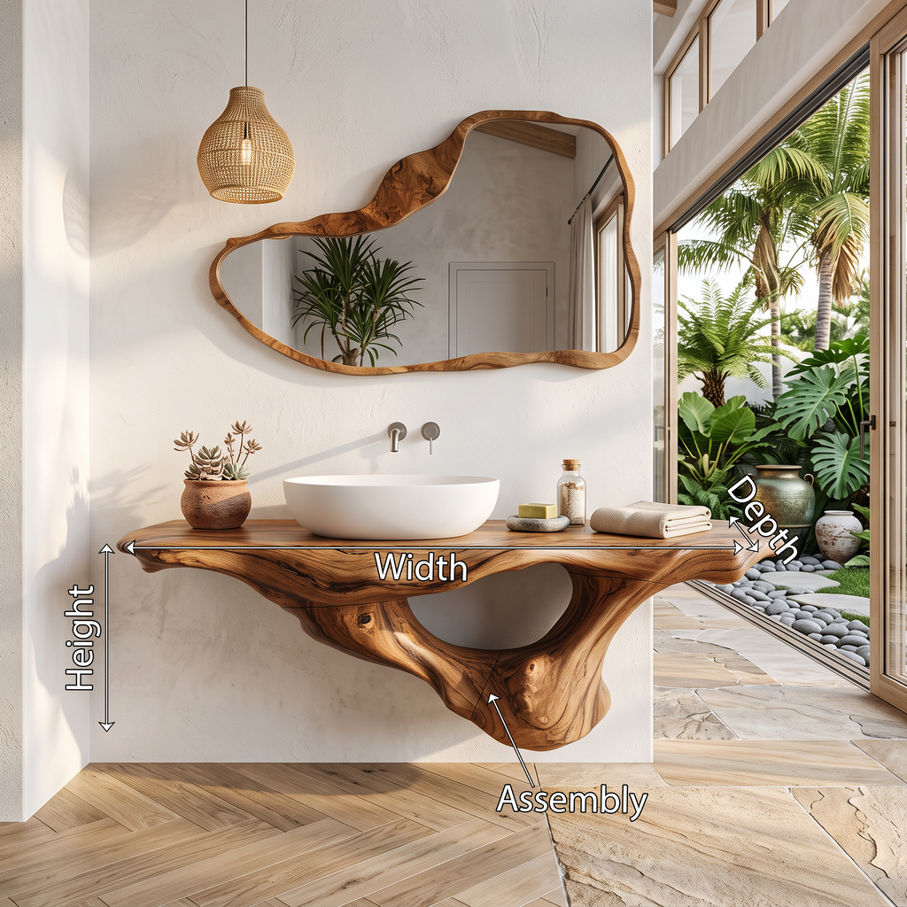 Live Edge Solid Wood Bathroom Vanity Shelf with PU Finish