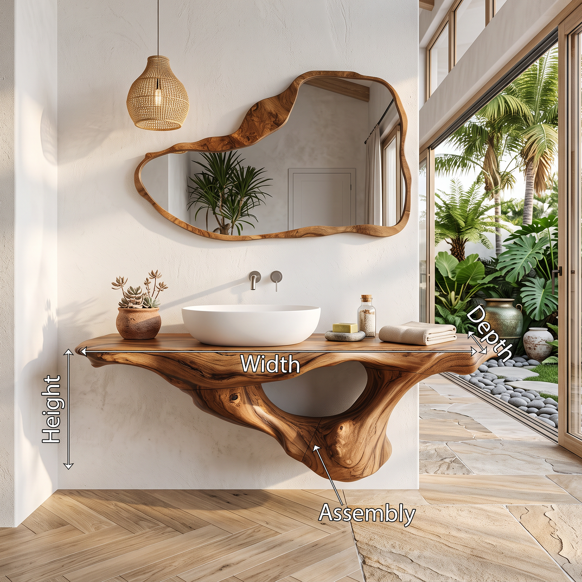 Live Edge Solid Wood Bathroom Vanity Shelf with PU Finish