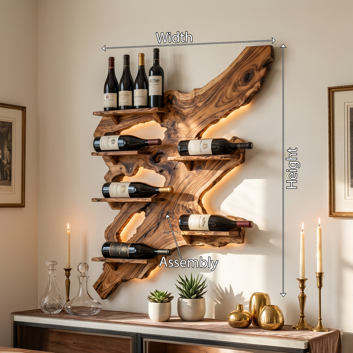 Monkey Pod Wall Wine Bottle Rack for Bar or Kitchen, 39 to 65 in