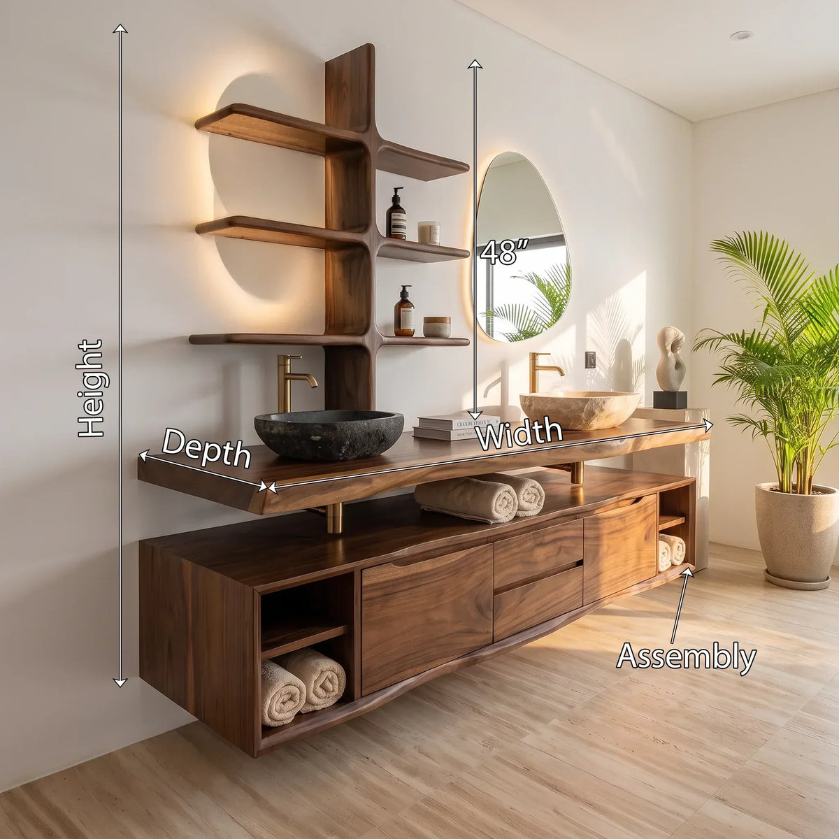 Tall Floating Wood Bathroom Vanity Cabinet, 47 To 83 Inch Wide