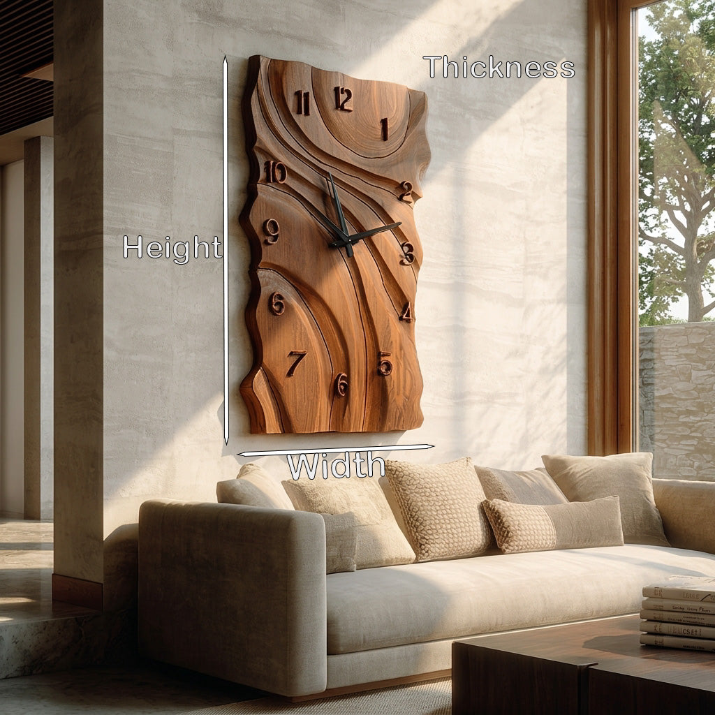 Rustic Wooden Wall Clock, Hand-Carved Abstract Geometric Design Wood Clock