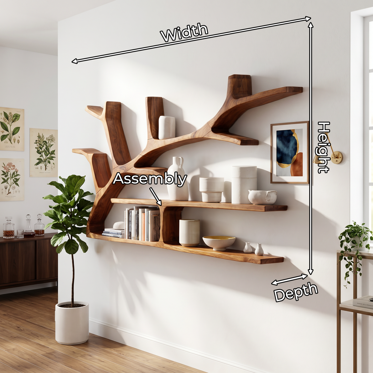 Rustic Tree Branch Floating Shelves For Living Room