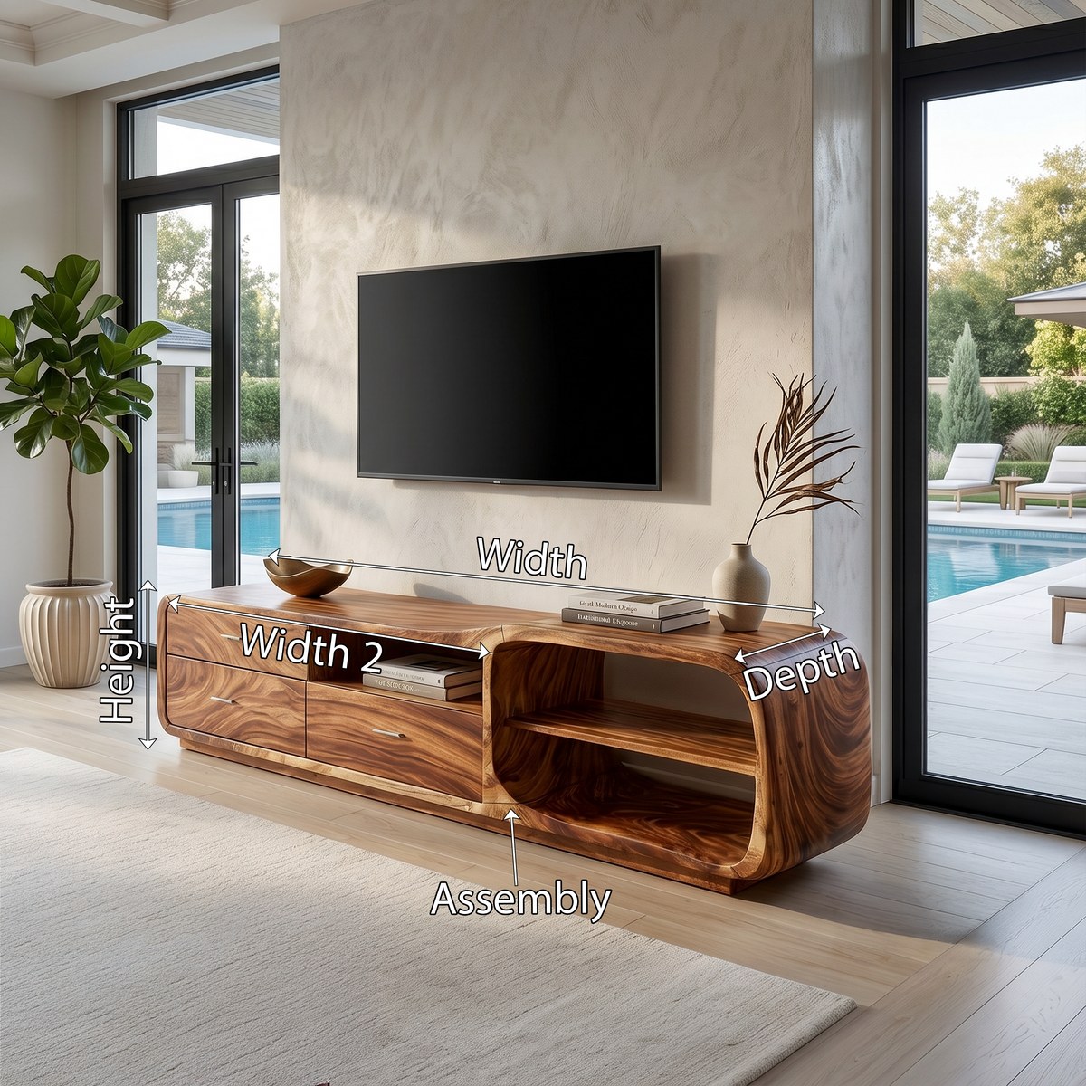 Organic Curve Wooden Media Stand With Side Extension, 51 To 83 In