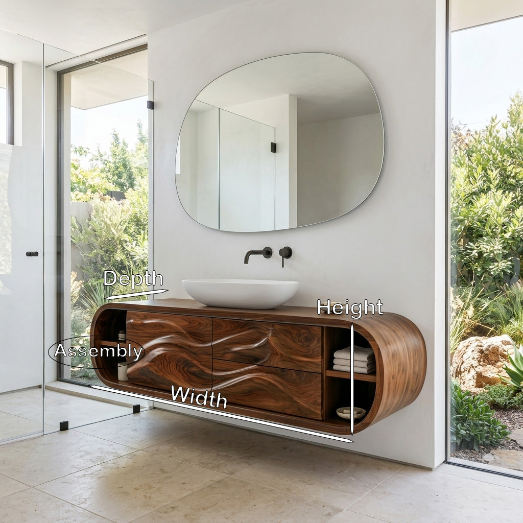 Wall Mounted Curved Wood Bathroom Vanity With Carved Side Panels