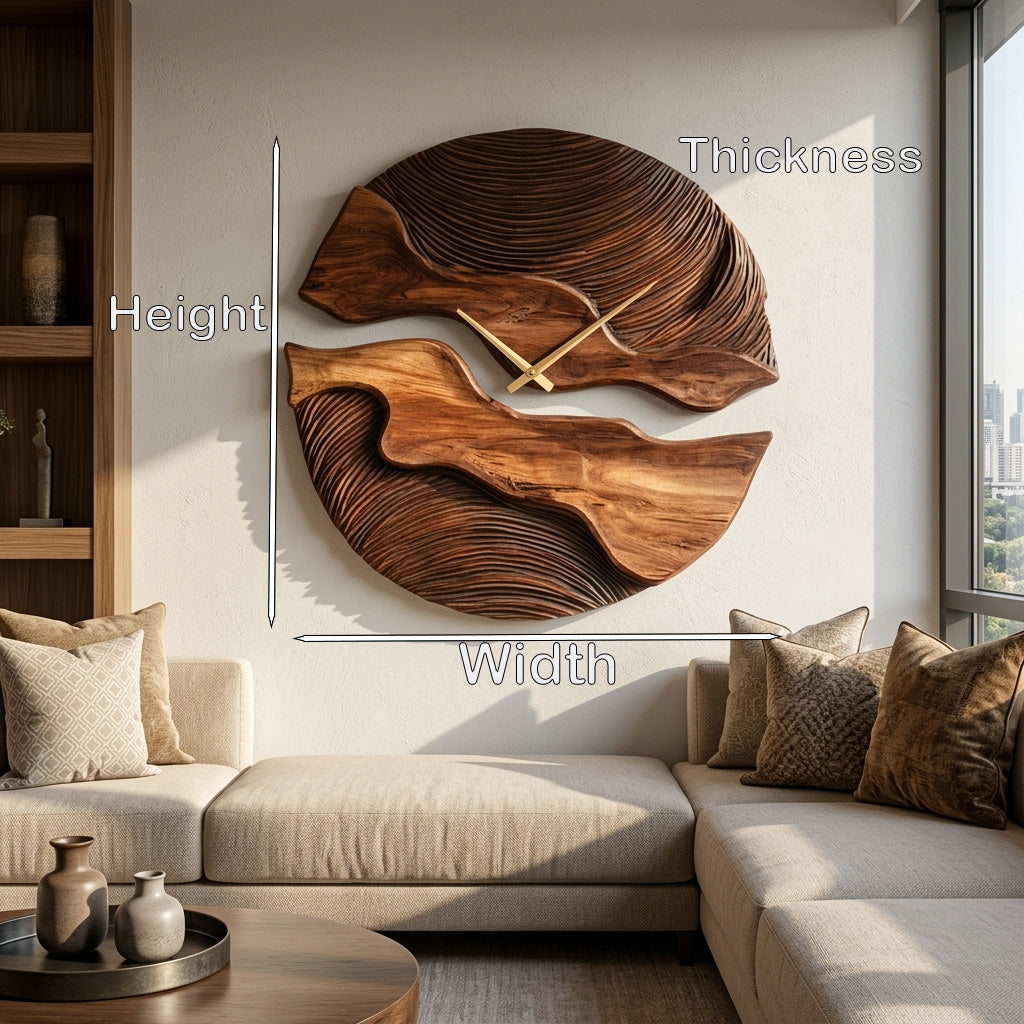 Carved Solid Wood Wall Clock with Organic Split Form