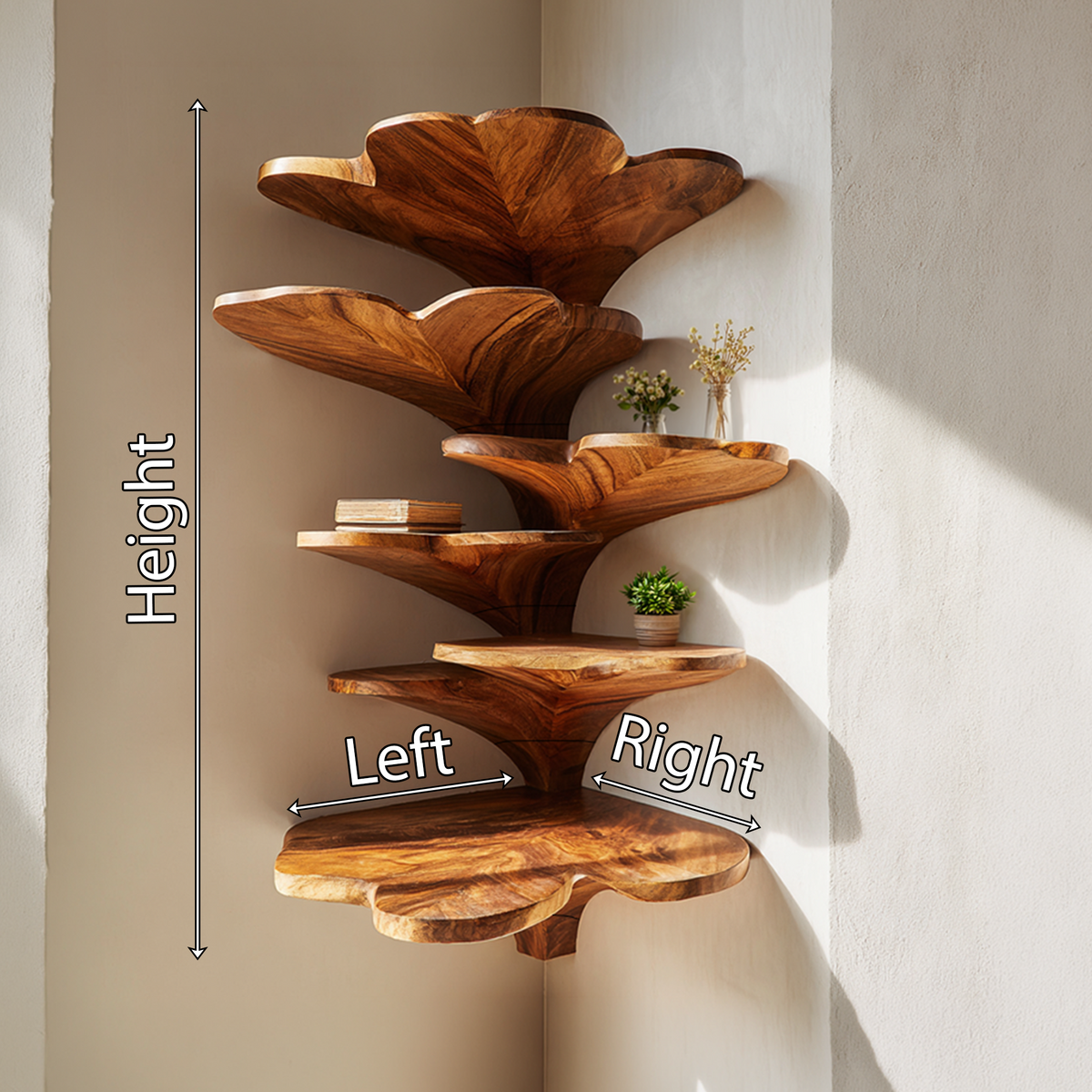 Curved Leaf Corner Wall Shelf in Solid Wood for Boho Kids Rooms