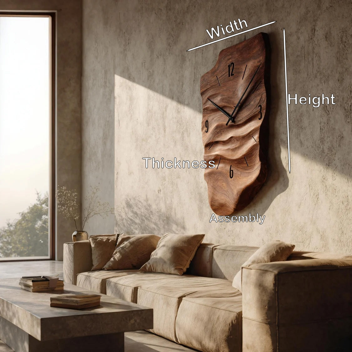 Modern Wall Clock, Carved Wood Circular Abstract Design Hanging Clock
