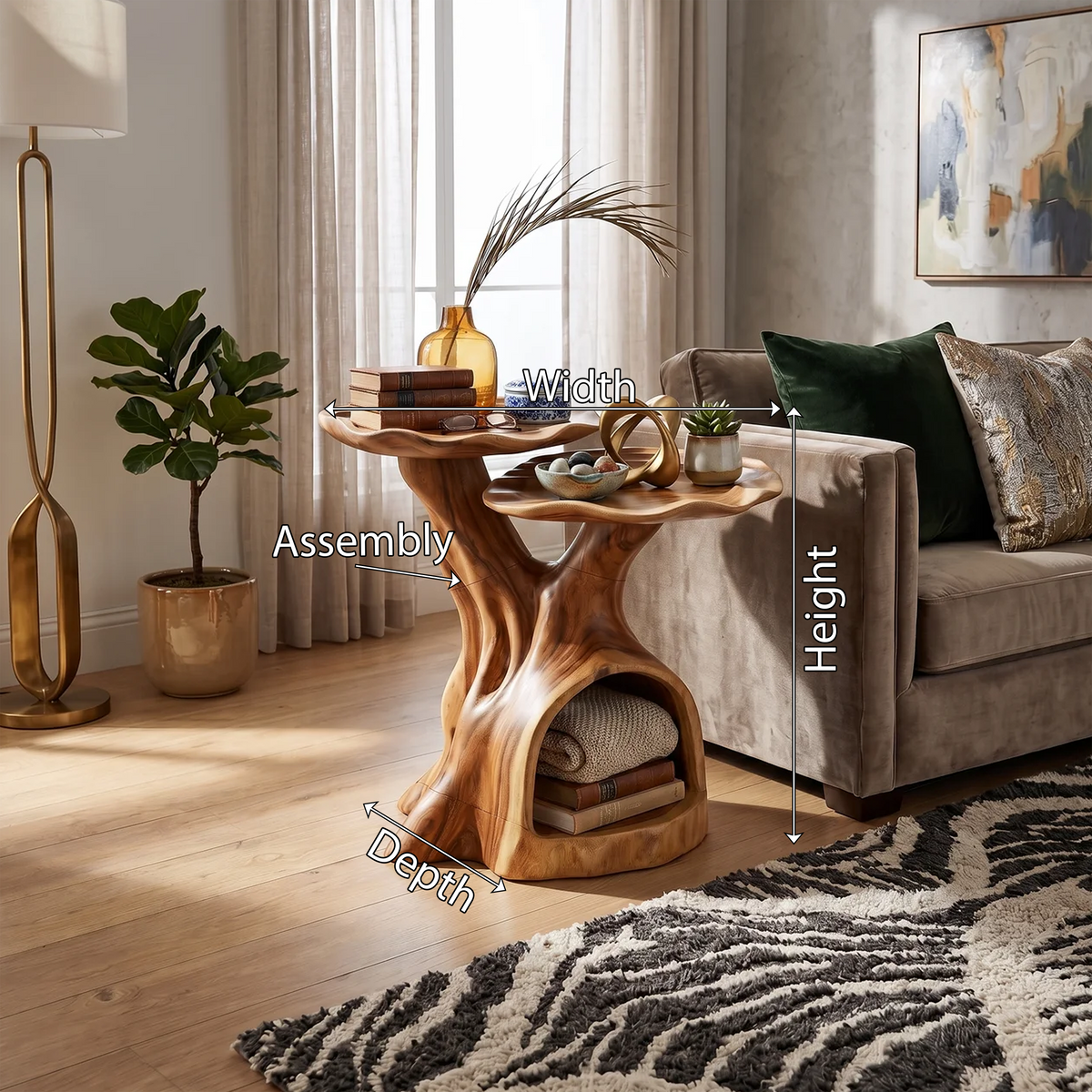 Two-Tier Wood Side Table With Architectural Lines, 16 to 22 Inch