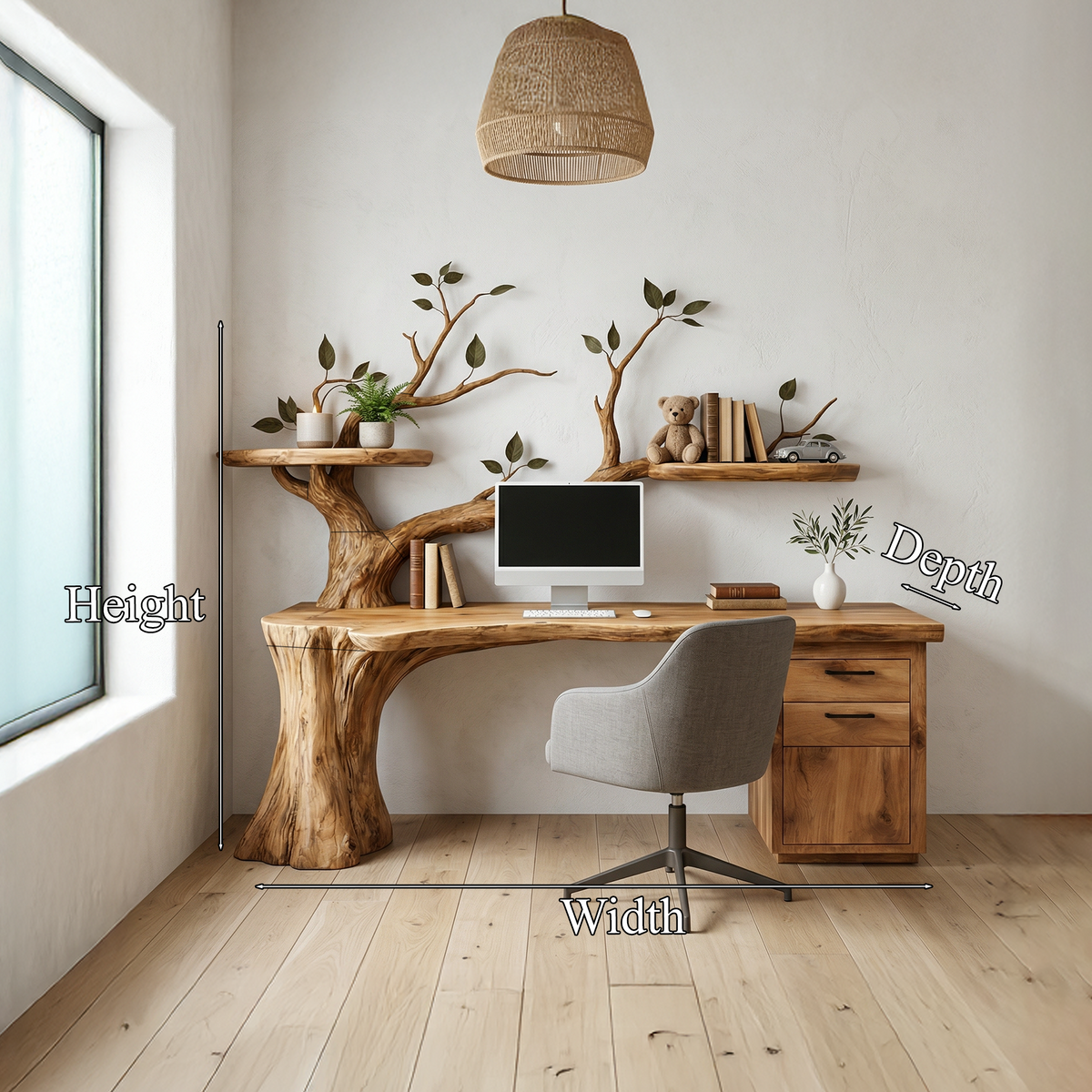 Tree Desk with Floating Shelf, Sculptural Branch Solid Wood Workspace