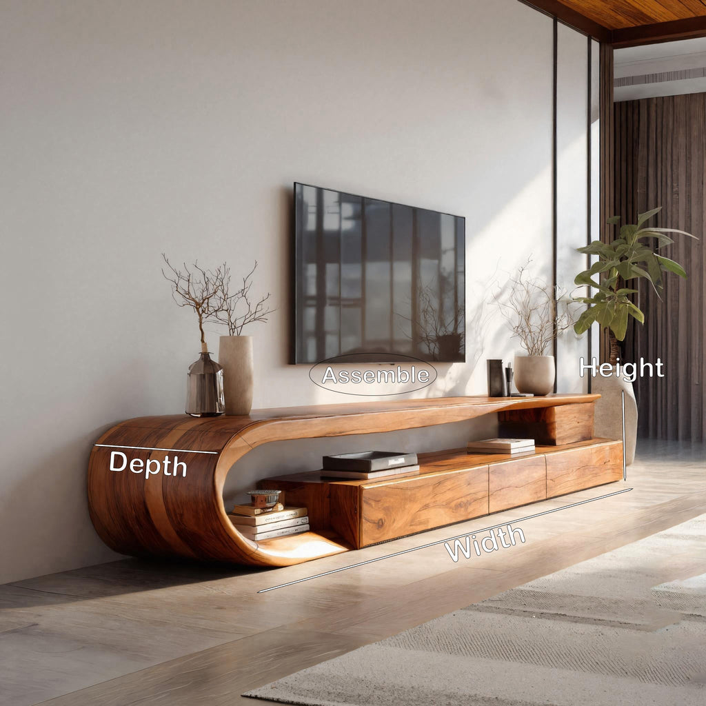 Curved TV Console with Drawers, Modern Solid Wood Media Credenza