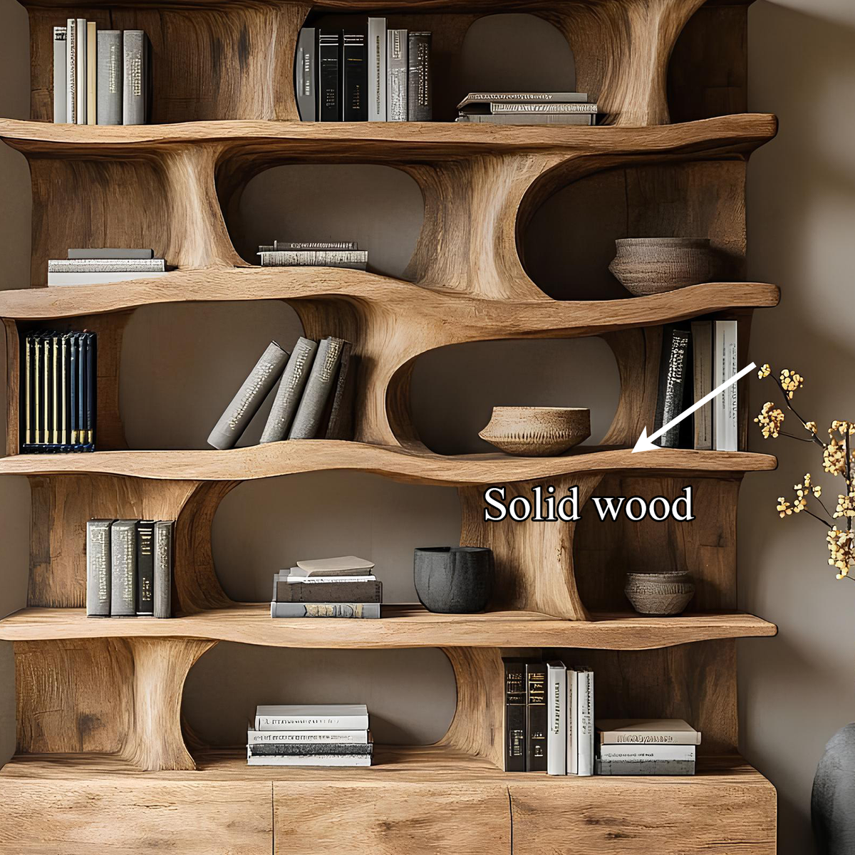 Sculptural Bookshelf, Curved Solid Wood Wall Unit with Drawers