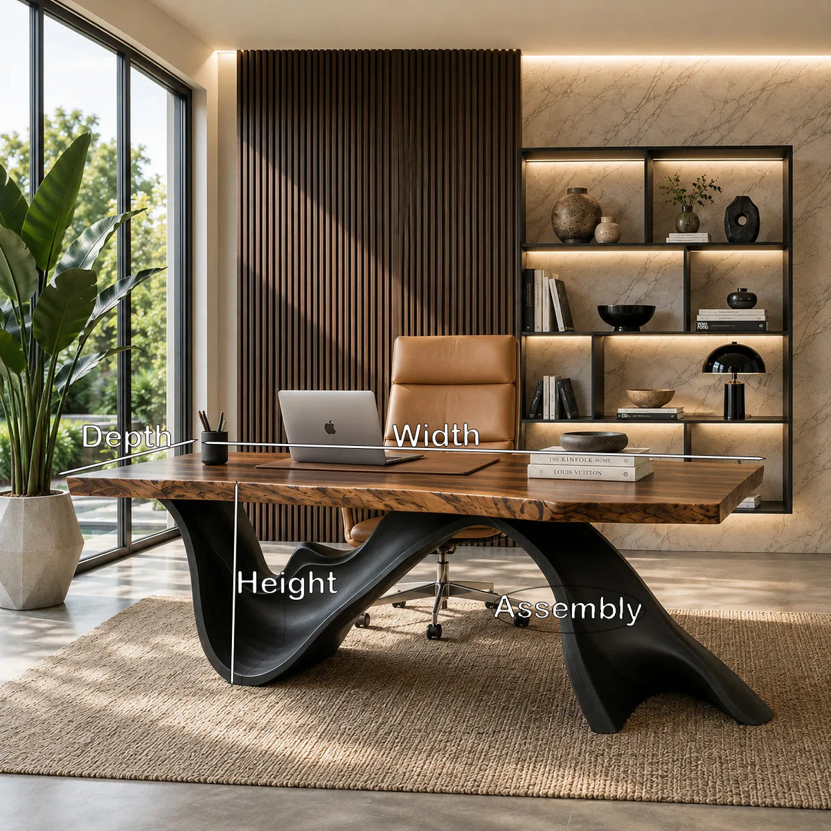 Live Edge Executive Desk With Dark Curved Sculptural Bases