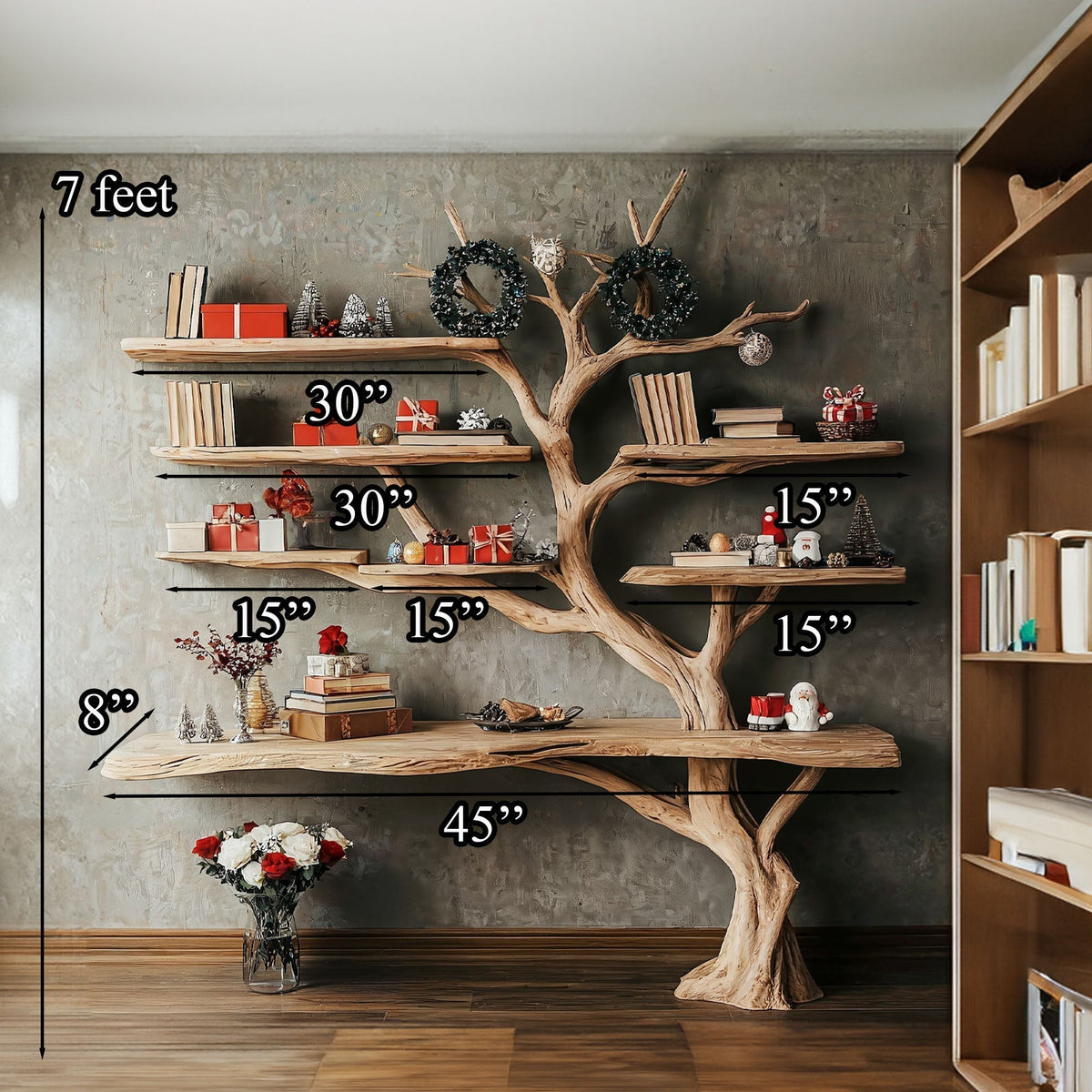 Slender Driftwood Branch Wall Shelf, 84 in Tall and 45 in Wide