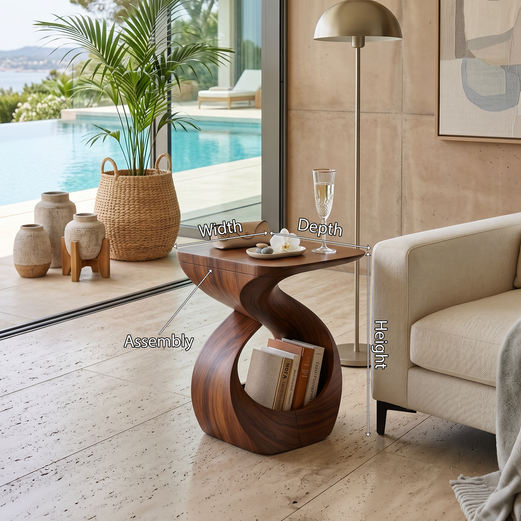 Contemporary Curved Solid Wood End Table with Open Sculptural Base