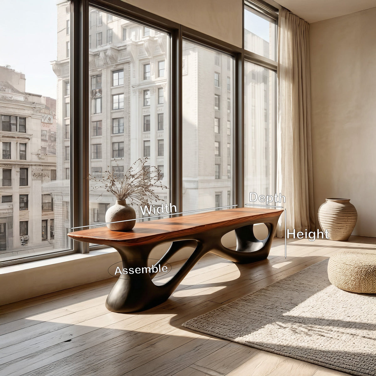 Natural Wood Window Seat Bench With Architectural Base