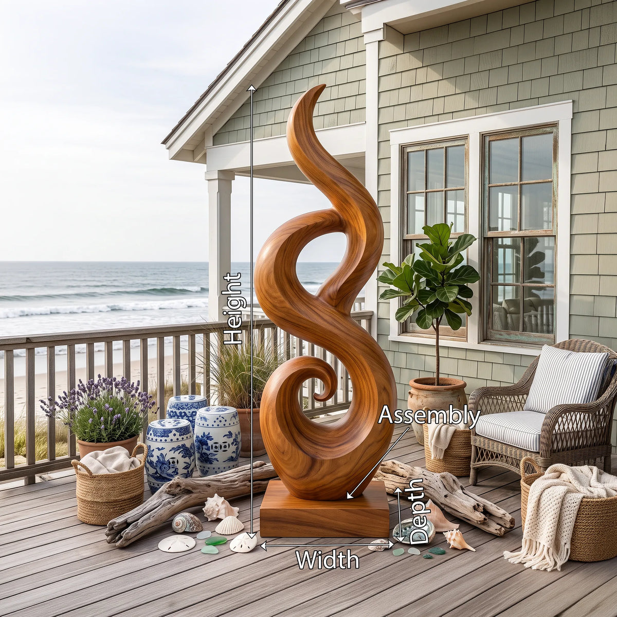 Open-Grain Carved Wood Floor Sculpture For Beach House Interiors