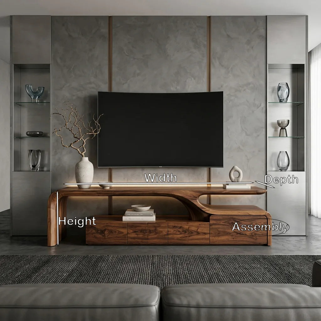 Long Low Curved Wood Media Console, 65 To 93 Inch Wide