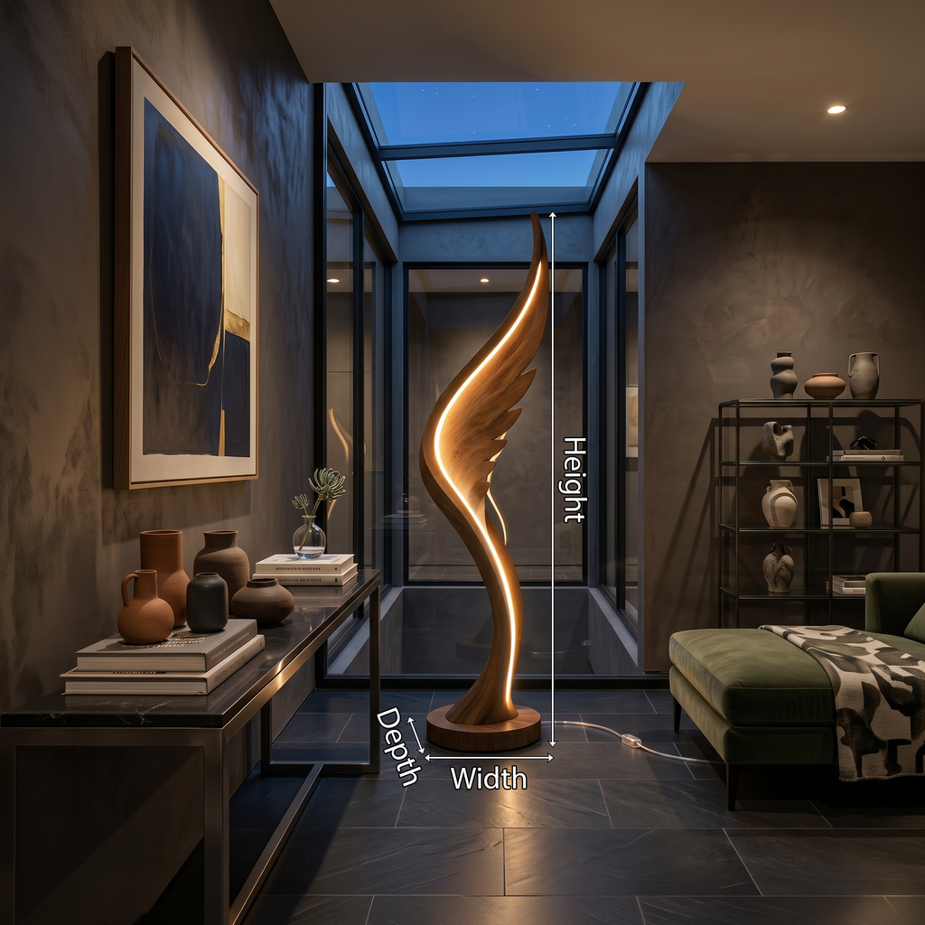 Wing Shaped Sculptural Wood Floor Lamp, 30 To 51 Inch Tall