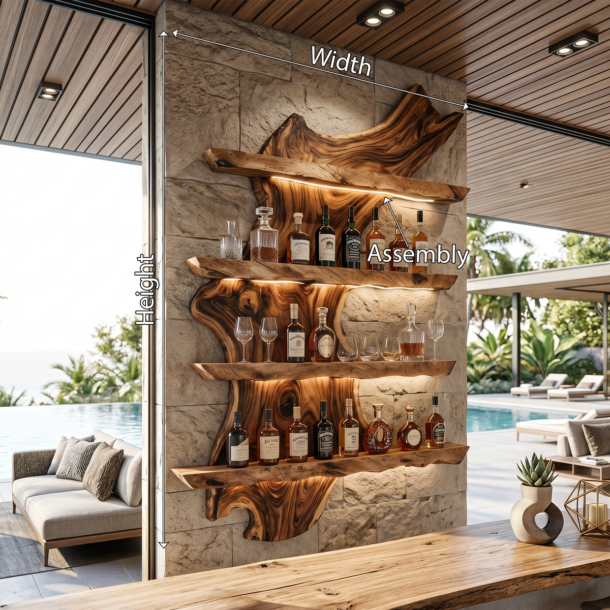 Wall-Mounted Wine Bottle Display in Monkey Pod Wood, 39 to 65 Inch