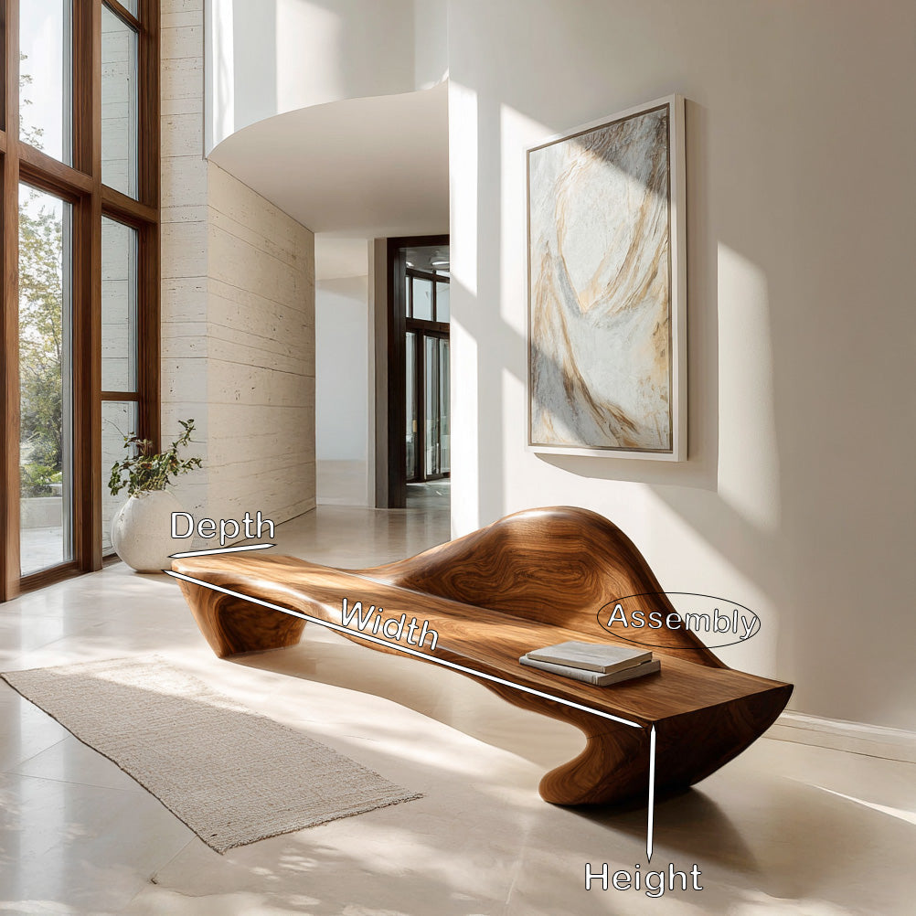 Flowing Curved Wood Entry Bench With Raised Back, 47 To 73 Inch