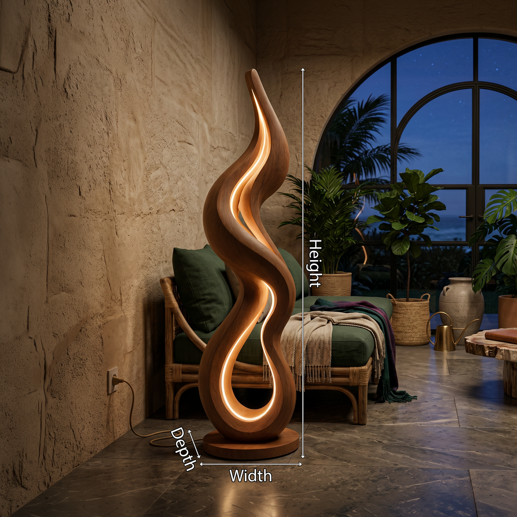 Wave Form Wooden Floor Lamp With Built-In Side Table Surface