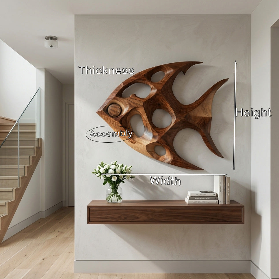 Fish Inspired Sculptural Solid Wood Wall Art with Open Voids
