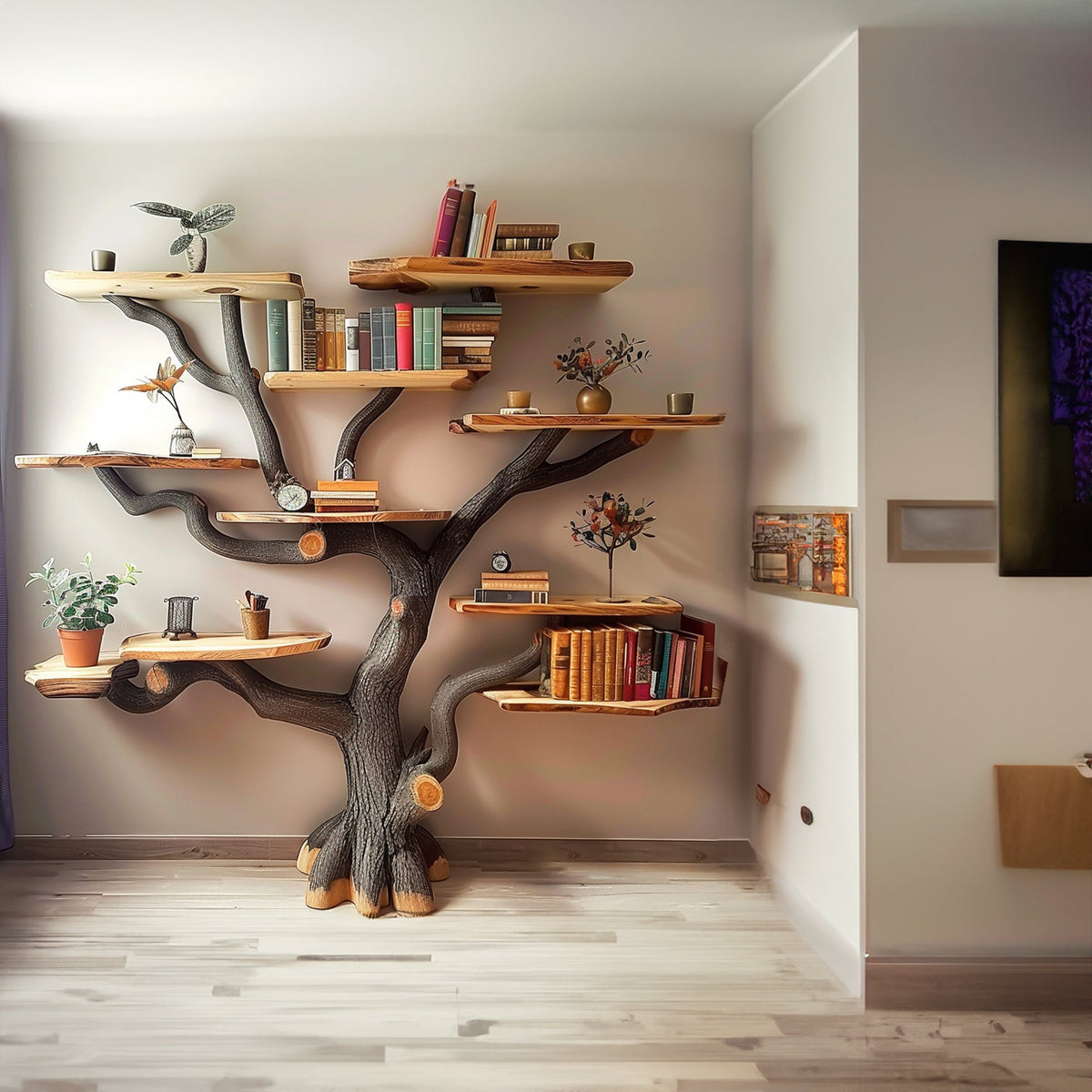 Dark Brown Branch Wall Bookcase for Feature Walls, 72 in Wide