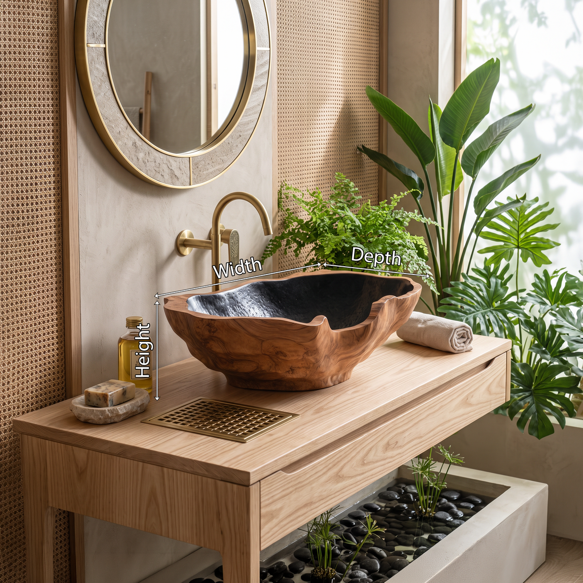 Solid Wood Bathroom Sink, Mid Century Carved Countertop Basin