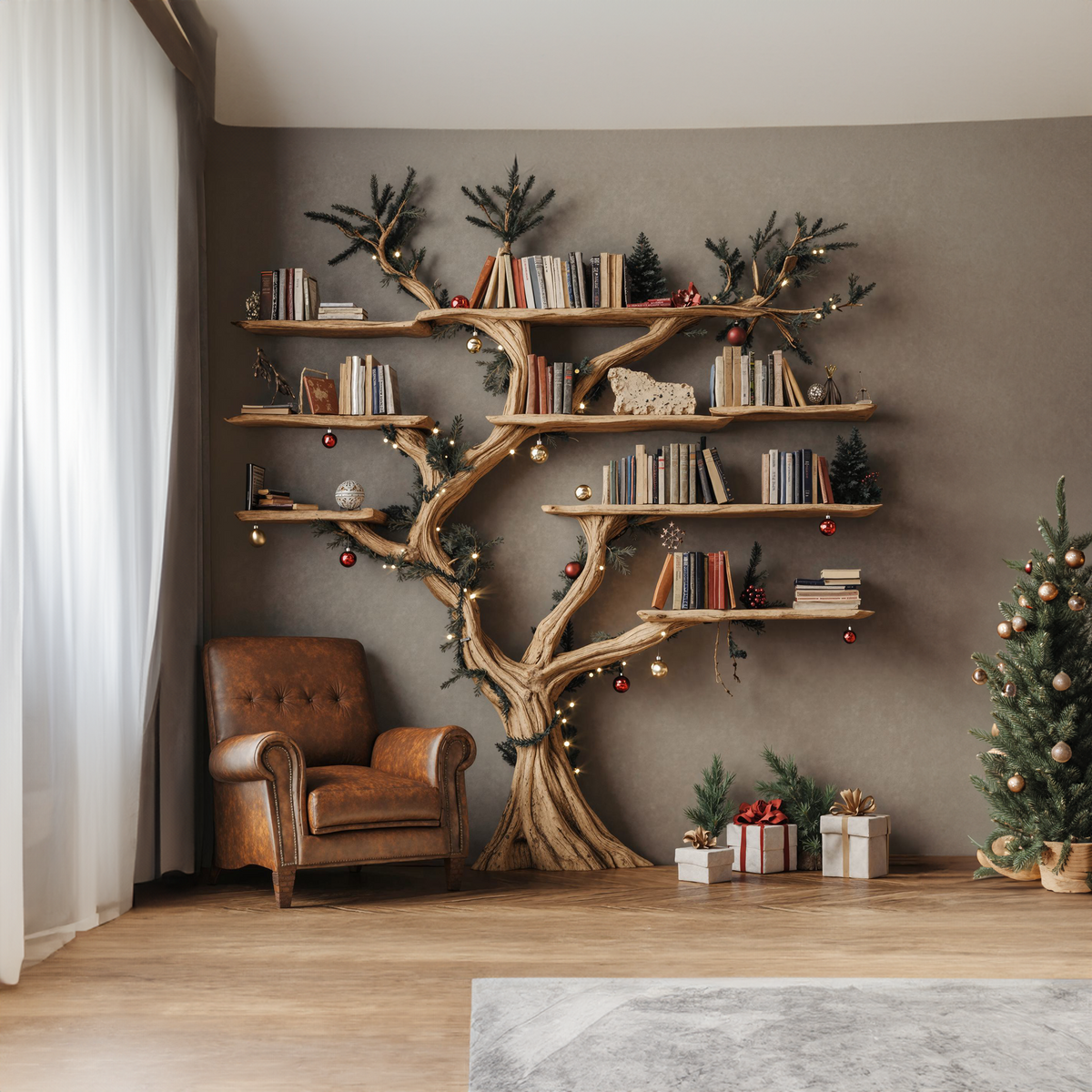 Square Driftwood Branch Wall Shelf in Brown, 70 by 70 Inches