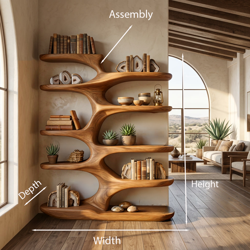 Handcrafted Sculptural Wood Bookshelf For Home Library
