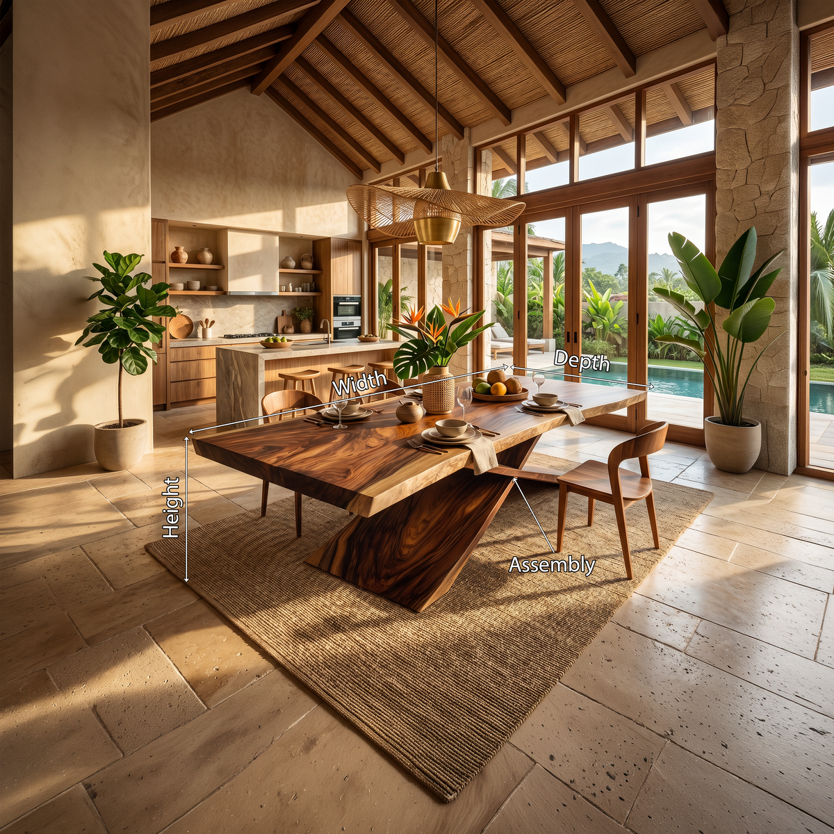 Contemporary Organic Live Edge Solid Wood Dining Table, Modern Handcrafted Hardwood Kitchen Dinner Table for Dining Room