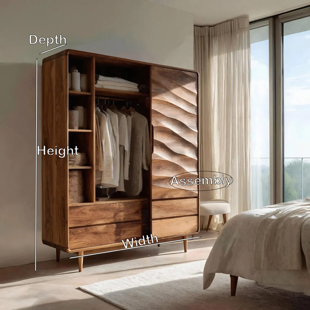 Carved Wood Wardrobe With Hanging Space, Drawers And Shelves