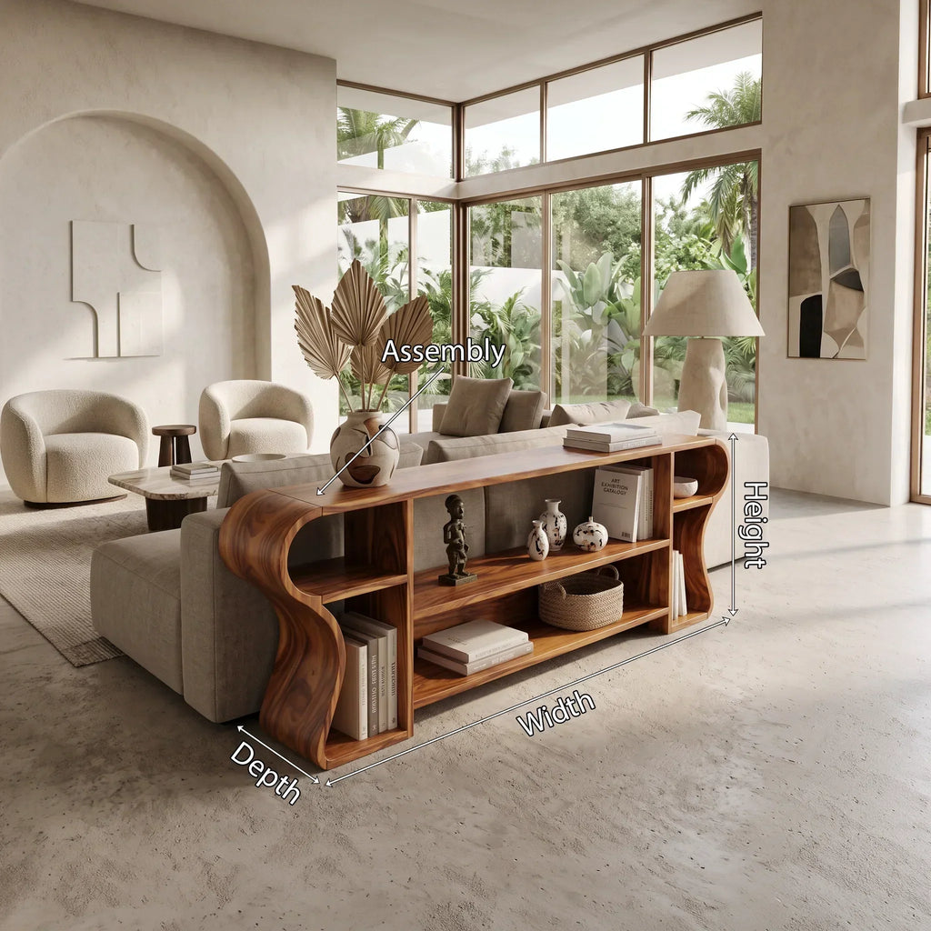 Display Console Table With Generous Top And Spaced Shelving