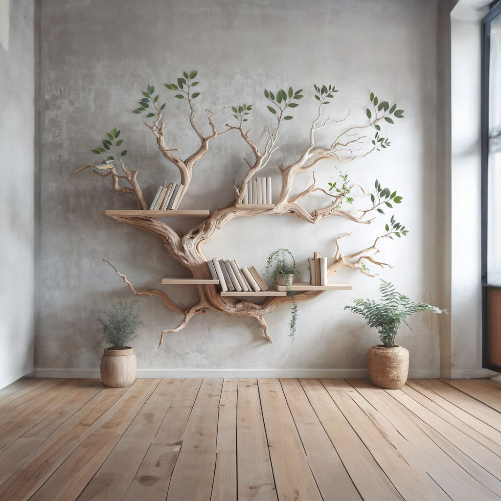 Mid-Century Driftwood Tree Wall Bookshelf, 70 x 60 Inch