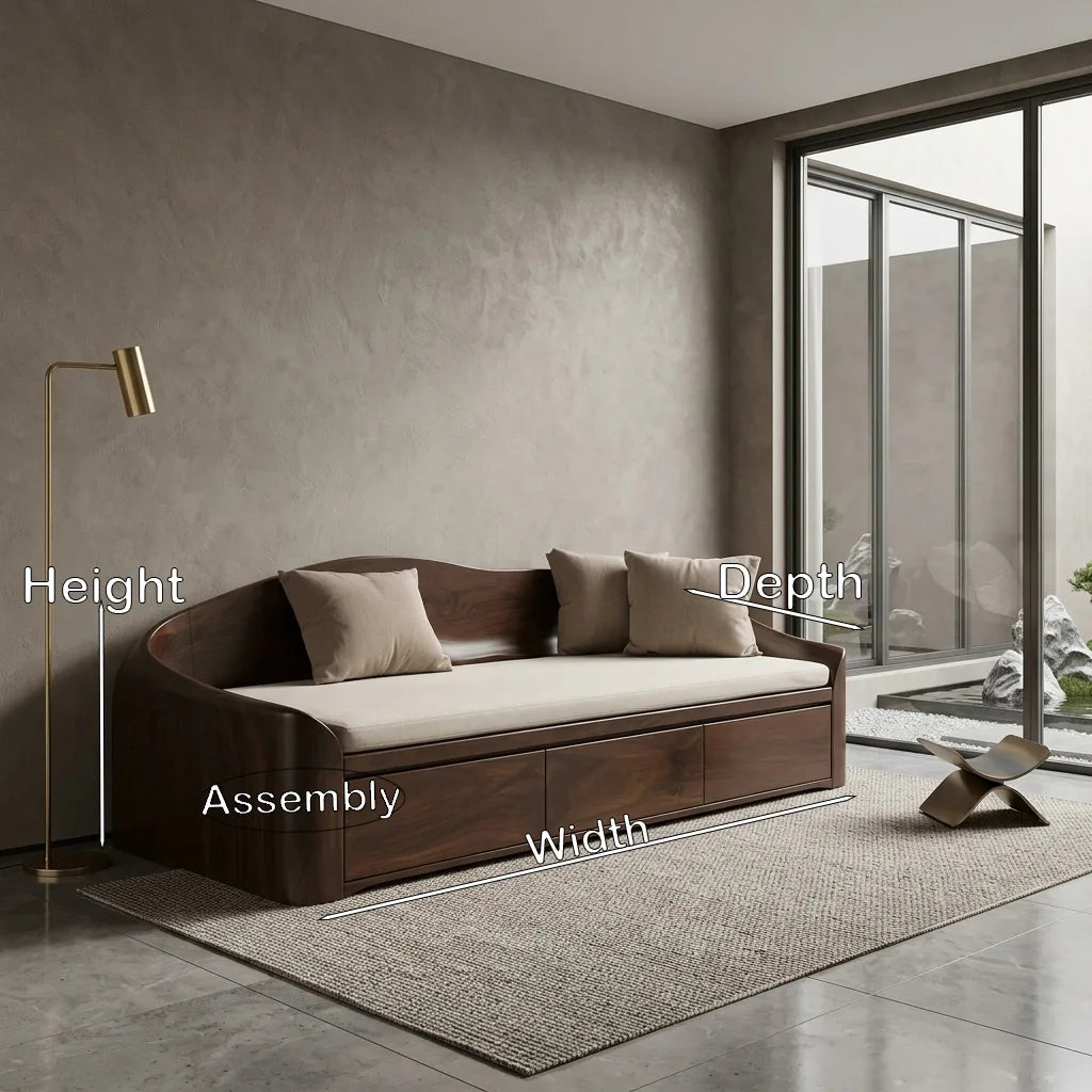 Curved Wood Frame Sofa With Lower Storage Drawers, 65 To 86 Inch