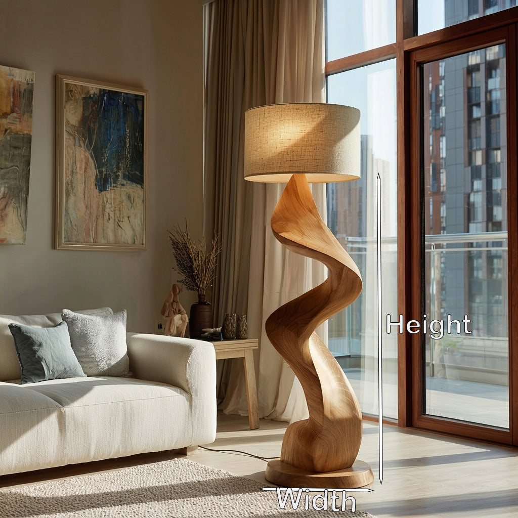 Gracefully Twisted Wood Base Floor Lamp, Fabric Shade, 39-63 in