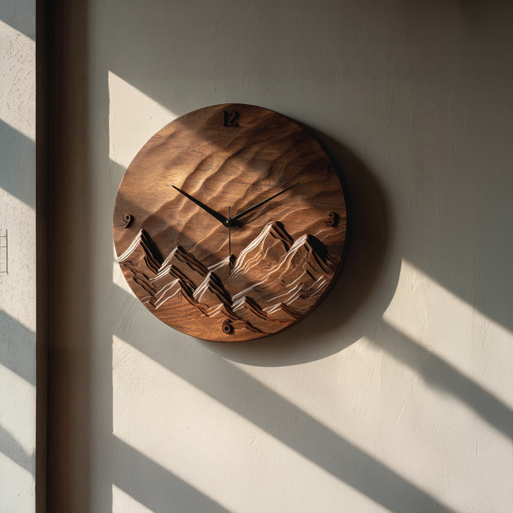 Rustic Wood Landscape Wall Clock, Handcrafted Nature Inspired Wooden Timepiece