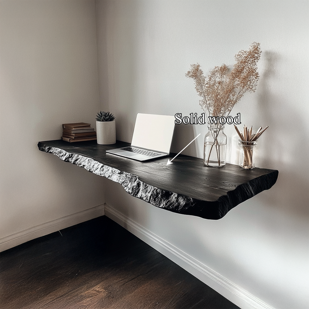 Wall Mounted Floating Desk, Black Finish Solid Wood Slab for Bedroom