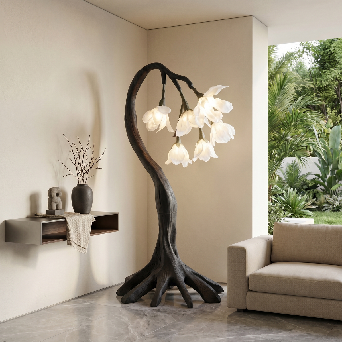 Petal Shade Floor Lamp on Curved Wood Branch Stand, 51 or 61 in