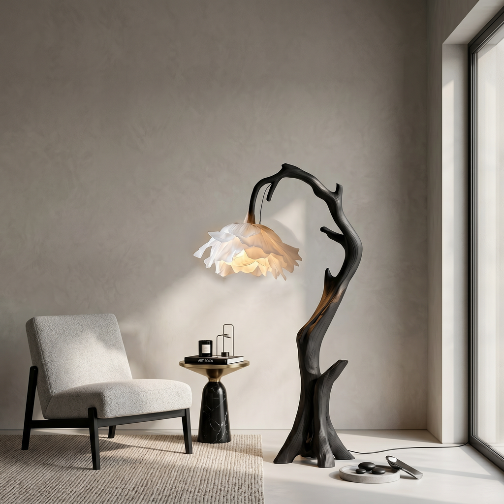 Wood Base Floor Lamp with Flower-Shaped Shades, 51 or 61 in Tall