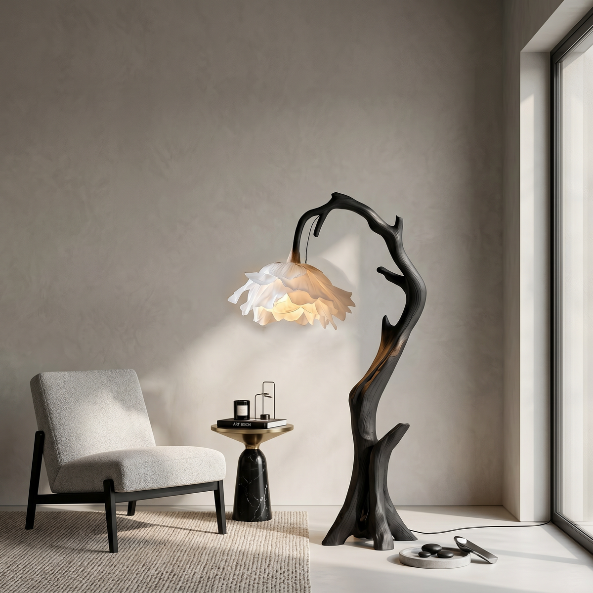 Wood Base Floor Lamp with Flower-Shaped Shades, 51 or 61 in Tall