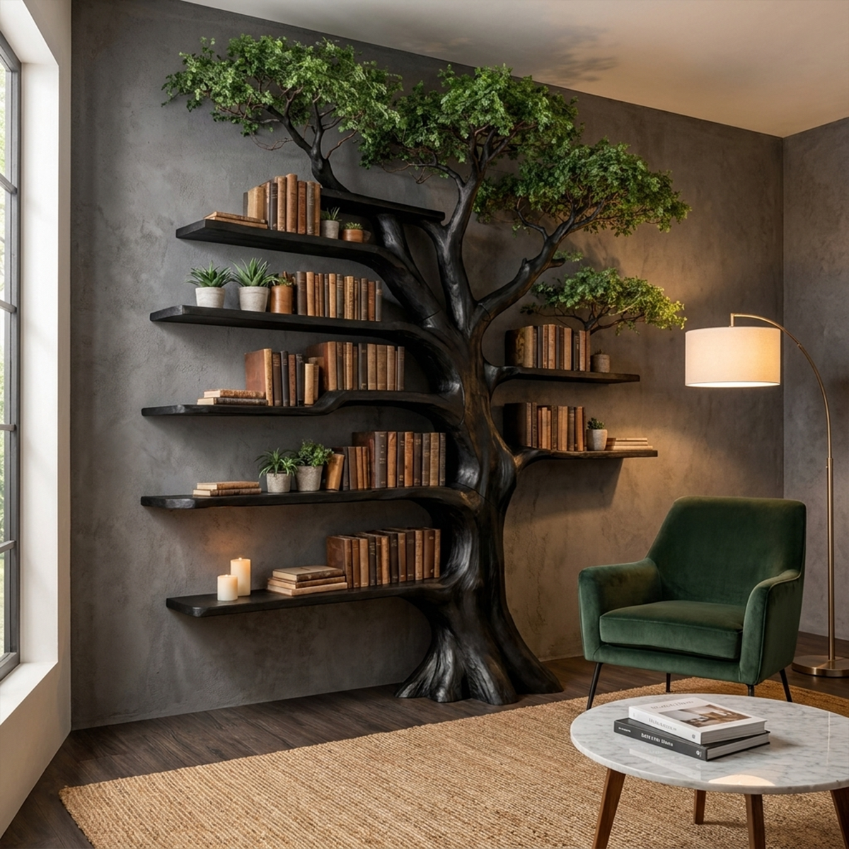 Tree Display Bookcase with Bench Seat for Reading Nooks, 70 x 80 in