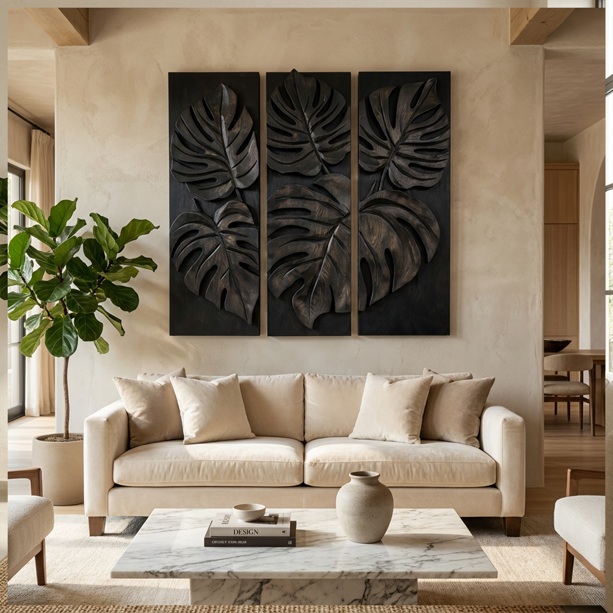 Monstera Leaf Hand-Carved Wood Wall Panels, Three Piece Set