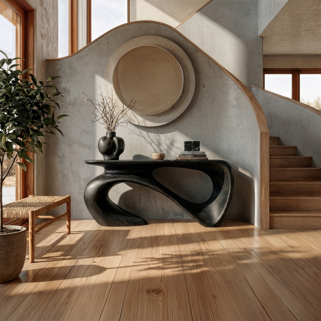 Minimalist Console Table, Sculptural Base Solid Wood Sofa Table