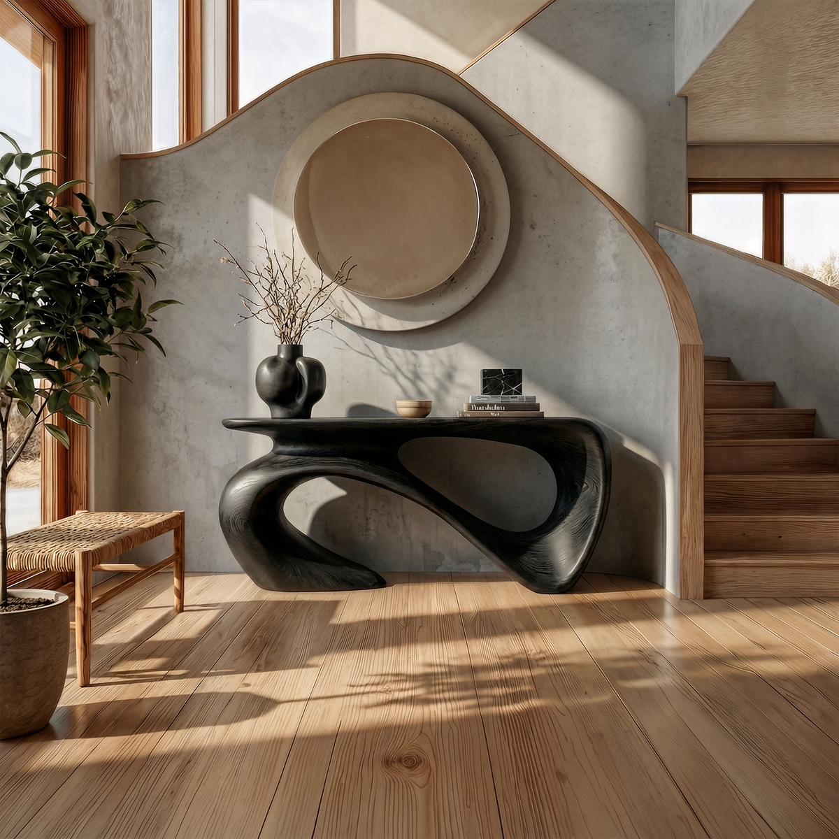 Minimalist Console Table, Sculptural Base Solid Wood Sofa Table