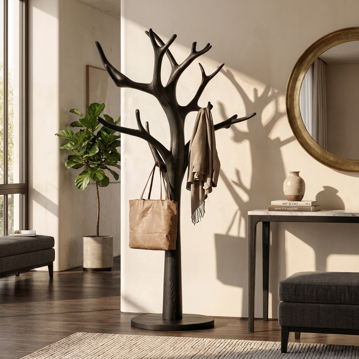 Wall-Fixed Driftwood Branch Coat Hanger for Mudrooms, 60 to 80 in